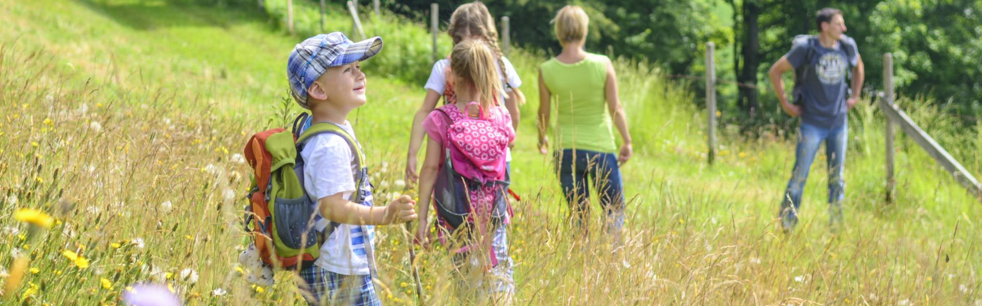 family with three children on a walk in the meadow