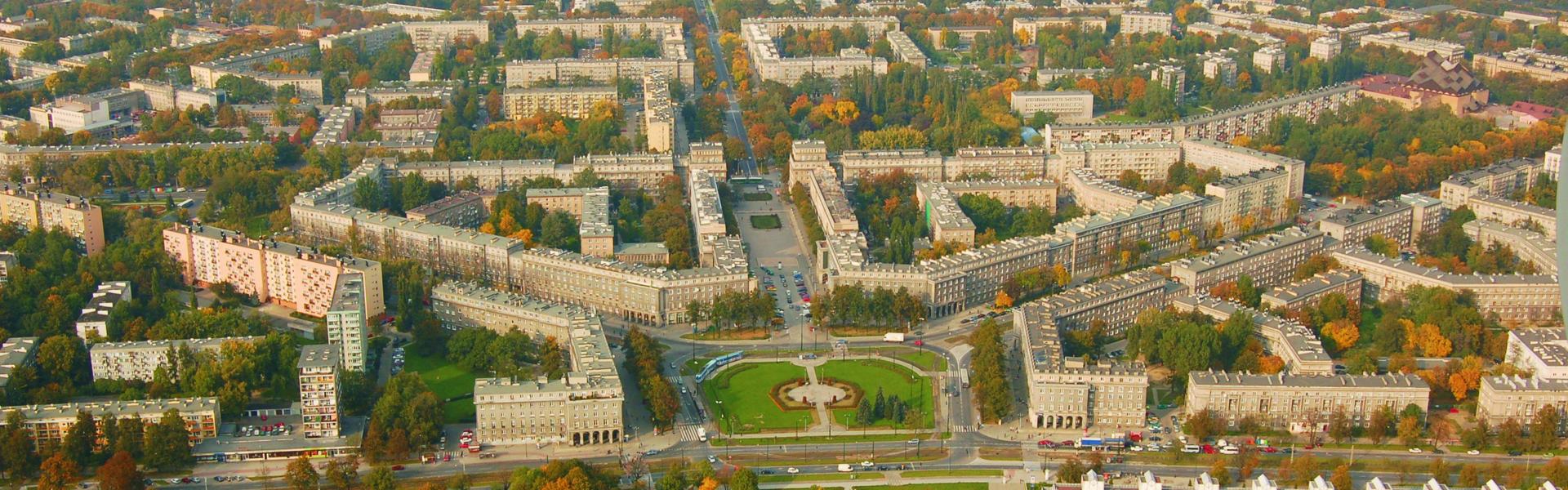 A bird's eye view of Nowa Huta. You can see the buildings and street layout.